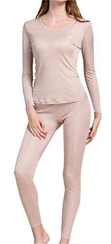 Grenasasilk Womens Silk Long Underwear Mulberry Silk Long Johns Silk Thermal Underwear Sets Cold Weather Base Layer (L, Beige)