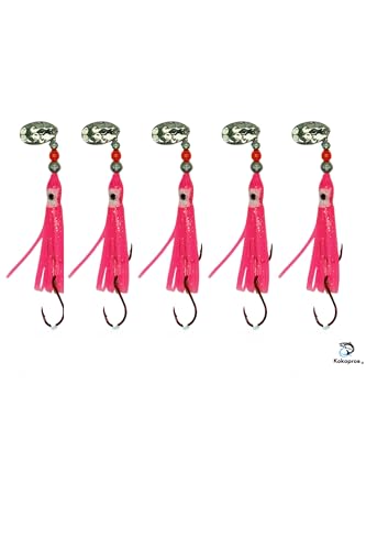 KOKOPROS Luminous Octopus Hoochies Hot Pink 6 cm - Fishing Lures for Kokanee, Salmon, Trout - Durable, UV-Enhanced Octopus Hooks - 5 Pack Plastic Construction