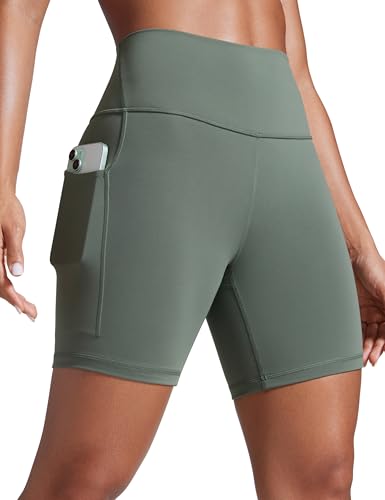 CRZ YOGA Women Butterbreeze Athletic Biker Shorts with Pockets 6'' - High Waist Workout Gym Running Volleyball Yoga Grey Sage Medium