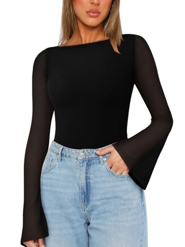 REORIA Women’s Fall Trendy Sexy Boat Neck Long Sleeve Sheer Mesh Slimming Going Out Bodysuit Tops For Vacation Black Medium