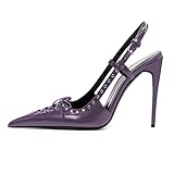 YDN Women Pointed Toe Self Tie Bow Pumps Rivet Studded Stiletto High Heel Slingbacks Hollow Cut Party Club Shoes Size 9.5 Purple