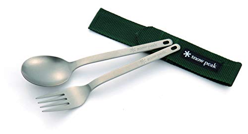 Snow Peak Titanium Fork & Spoon Set, Durable Utensils, Compact, Lightweight, Camping, Hiking, Backpacking, Travel Case