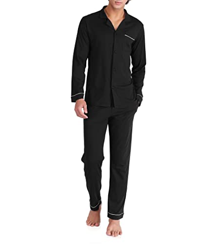 DAVID ARCHY Mens Pajamas Set Soft Cotton Notched Collar Pajamas for Men Long Sleeve Mens Sleepwear with Pockets & Front Fly (XL, Black)