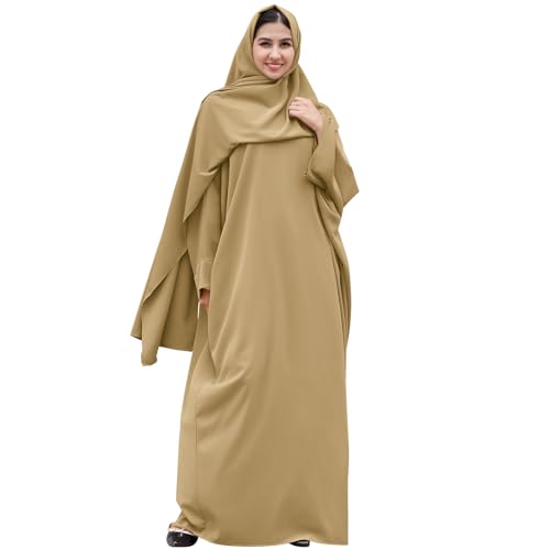 IDOPIP Muslim Abaya for Women One Piece Long Sleeve Islamic Prayer Dress with Hijab Loose Full Length Maxi Cover Kaftan Robe Gown with Khimar Jilbab Niqab Dubai Modest Clothes Khaki + Hijab One Size