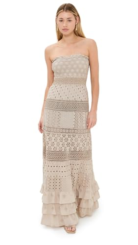 Temptation Positano Women's Adige Embroidered Long Dress, Khaki, Tan, M