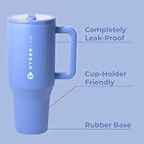 HydroJug Traveler - 40 oz Water Bottle with Handle & Flip Straw - Fits in Cup Holder, Leak Resistant Tumbler-Reusable Insulated Stainless Steel & Rubber Base - Gifts for Women & Men, Light Blue