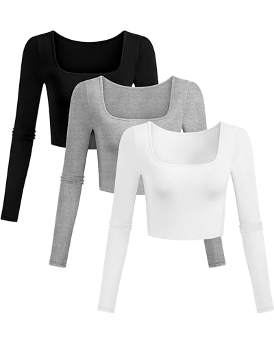 Riyiper 3 Pack Women's Long Sleeve Crop Tops, Square Neck Workout Cropped Tops Tight Fitted Shirts Casual Basic Sports Tees (Black, Gray, White,Medium)