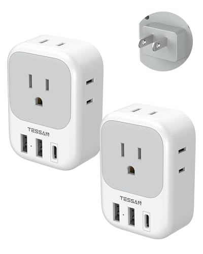 US to Japan Plug Adapter 2 Pack, TESSAN 2 Prong to 3 Prong Outlet Adapter with 4 Outlets 3 USB (1 USB-C), Outlet Adaptor US to Japan China Mexico Philippines Canada Peru Thailand Vietnam