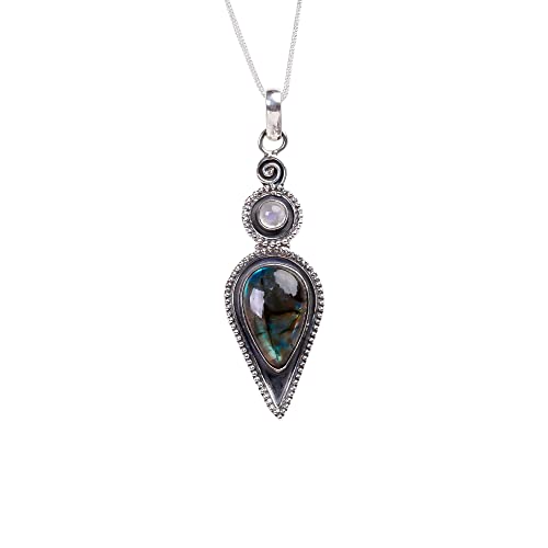 Universe Kart 925 Sterling Silver Bohemian Pendant Necklace for Women with Pear And Round Moon-Labradorite Gemstone