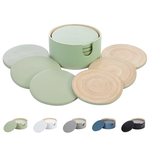 HABITAAS Spun Bamboo Coasters for Drinks - Coaster Set with Bamboo Wood Coasters and Coaster Holder. Modern Coasters for Coffee Table (Sage)