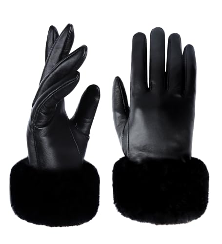 Yicorgard Women Fur Leather Gloves Winter Gloves Black Rabbit Fur Cuff Touchscreen Driving Gloves Medium
