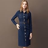 Women Mid-Length Denim Dresses Spring Autumn Long-Sleeve Adjustable Waist Stretch Fabric Slim Cotton Dress Female