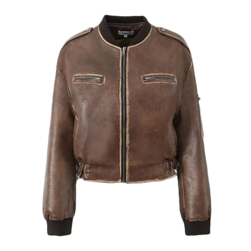 Women's Leather Jacket Traf Do Old Zipper Epaulets Embellished Faux Leather Biker Coat Brown L