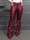 Flamingals Bootcut PU Leather High Waist Flare Legs Vintage Pocket Pants Winter Trendy Red 3XL