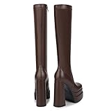 wetkiss Platform Knee High Boots Women Brown Platform Boots for Women Brown Gogo Boots Women's Knee-high Boots Chunky Boots for Women Long Boots 70s Boots Tall Boots Stretch Leather Square Toe Boots