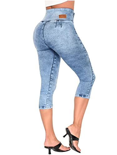 L.O.W.L.A SHAPEWEAR Colombian High Waisted Butt Lifting Capri Jeans for Women Pantalones Altos Cintura Alta Colombianos Levanta Cola Blue 10, Azul Hielo
