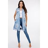 Songling Women's Distressed Ripped Sleeveless Mid Long Denim Jacket Jean Vest Cardigan Coats(Blue,M)