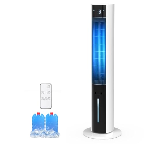 Rellytech 3-in-1 Evaporative Air Cooler, 12H Timer Cooling Fans that Blow Cold Air With 3L Water Tank, 50°Oscillating Tower Fan for Bedroom, Office with 3 Speeds, 2 Ice Pack, Remote Control
