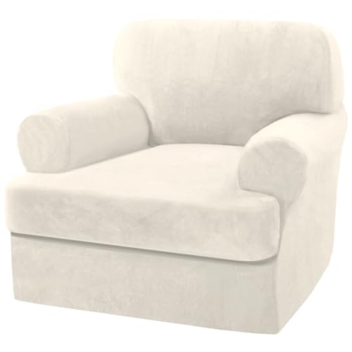 H.VERSAILTEX Sofa Cover 2 Piece T Cushion Armchair Slipcovers Thick Velvet Couch Cover Furniture Protector Stretch T Cushion Sofa Covers for 1 Cushion Couch with 1 Individual T Cushion Covers, Ivory