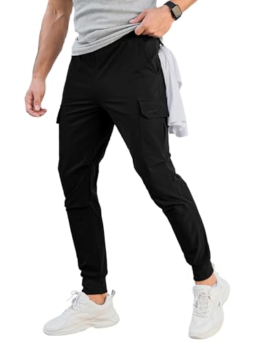 Comdecevis Men's Cargo Jogger Pants Stretch Sweatpants Slim Fit Tactical Pants with Zipper Pockets Casual Trousers Black Medium
