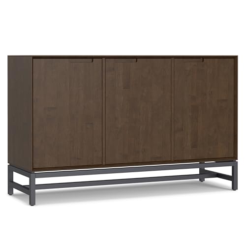 SIMPLIHOME Banting Buffet - 58 inch Wide Solid Hardwood 3-Door Sideboard Buffet in Walnut Brown, Modern Industrial Cabinet for Dining Room or Kitchen with Adjustable Shelves and Metal Base