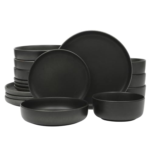 Gibson Soho Lounge Pasco 16 Piece (Service for 4) Plates and Bowls Double Bowl Reactive Glaze Dishes Stoneware Ceramic Dinnerware Set - Black