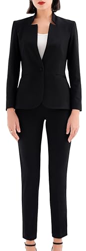 Marycrafts Women's Professional Stand Up Collar Blazer Pant Suits 2 Piece Set Business 14 Black