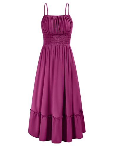 Women's 2025 Casual Loose Plain Maxi Sundress Smocked Dress Sleeveless Summer Beach Tiered Long Dresses Purple Red M