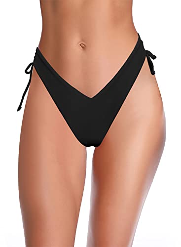 SHEKINI Women's Thong Bikini Bottom High Cut V Cheeky Brazilian Swimsuit Bottom (Black,Medium)