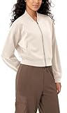 ODODOS Modal Soft Full-Zip Bomber Jacket for Women Long Sleeve Casual Fall Outfit Crop Top with Pockets, Ivory, Large