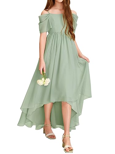 Haloumoning Girls Cold Shoulder Dress A-line Asymmetrical Chiffon Junior Bridesmaid Birthday Party Dress Green