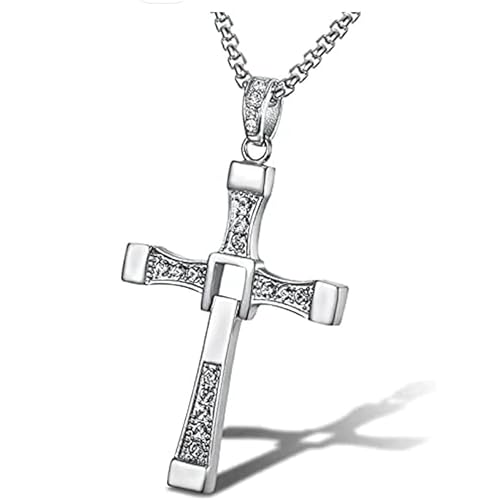 Toreto Cross Pendant Necklace with Crystals, Black and Silver (plata) - Stainless Steel for Women Men Long Chain - Small Diamonds (Silver) Fast and The Furious Dominic Vin Diesel toretto dije crucifijo don toreto 𝐁𝐲𝐳𝐚𝐧𝐭𝐢𝐧𝐞