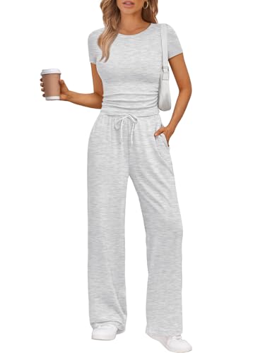 Trendy Queen Womens 2 Two Piece Set 2025 Summer Workout Beach Vacation Gym Clothes Fashion Lounge Loungewear Matching Sweatsuit Sweat Casual Wide Leg Pants Travel Outfit Fitness Athletic Clothing