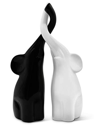 Vaudagio Loving Pair of Elephants in Black and White - Modern Ceramic Sculpture as a Set - Decoration Figure 10.2" high Ornament - Elephant Figurine