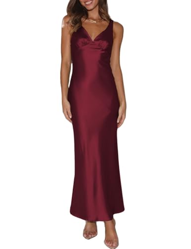 Womens Elegant Satin V Neck Backless Sleeveless Maxi Dress Silk Tie Low Back Formal Cocktail Dresses Wedding Guest Burgundy