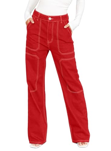 Dokotoo Women's Casual Mid Waist Cargo Jeans Baggy Wide Leg Denim Pants Red Size 10