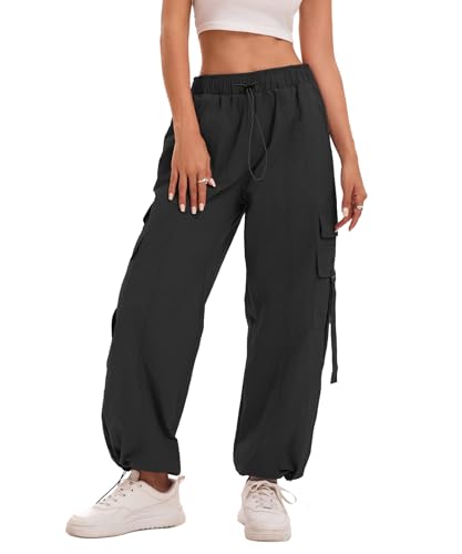 Bakyarder Drawstring Black Baggy Cargo Pants Women Baggy, Retro Quick-Dry Pants Y2K Streetwear with Pockets Black Medium