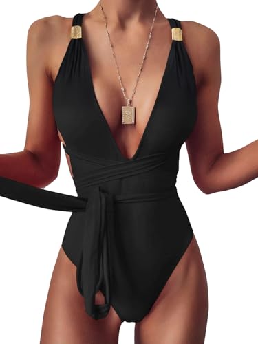 Lilosy Sexy Lace Up Plunge Neck Backless High Waisted Low Cut Leg Rise Thong Cheeky Brazilian 1 Piece Bikini Swimsuit Women Back Bathing Suit Tie Criss Cross Monokini Gold Black Medium