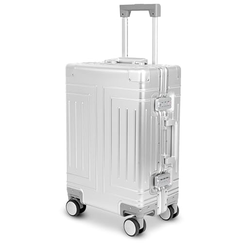 KANGSHILU All Aluminum Carry On Luggage，Cut from Whole Aluminum Sheet，22x14x9 Airline Approved ，（3rd Generation，Premium All Aluminum Magnesium zipperless suitcase ） (silvery, 20inch)