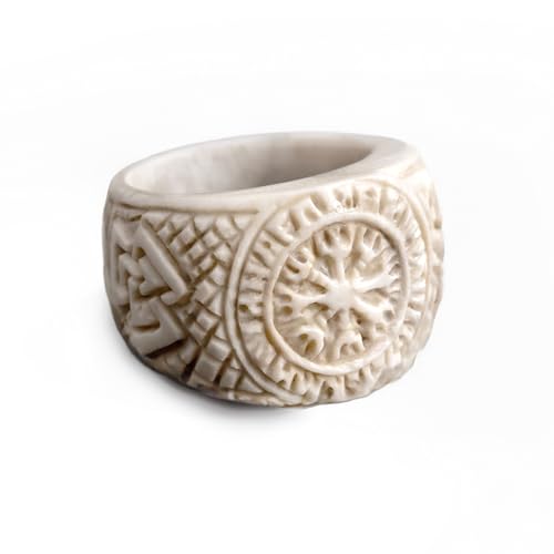 Skull Bliss Hand-Carved Antler Horn Ring - Vegvisir/Handcrafted Viking Ring for Men/Authentic Norse Rings/Viking Mens Jewelry