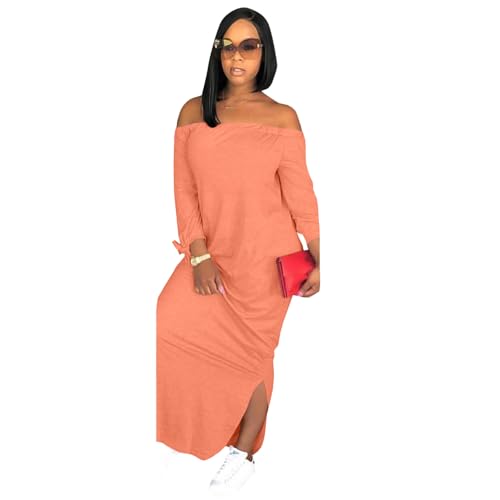 OLUOLIN Women's Casual Letter Print Off Shoulder Long Sleeve Bowknot Sides Slit Loose Long T-Shirt Maxi Dress
