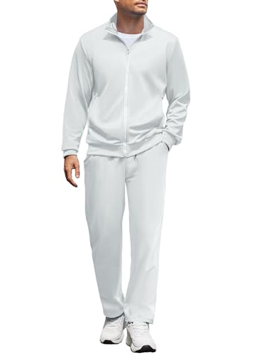 COOFANDY Sweat Suit For Men 2 Piece Set Workout Tracksuit White Zipper Athletic Jacket Running Pants Track Suit Large