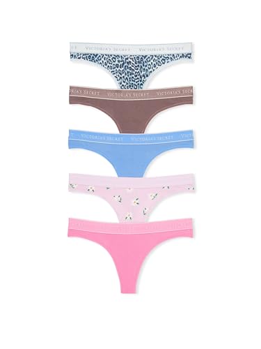 Victoria's Secret Cotton Logo Thong Panty Pack, Underwear for Women, 5 Pack, Floral Mix (XXL)