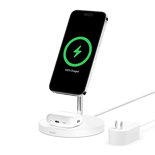 Belkin MagSafe 2-in-1 Wireless Charging Stand for Apple iPhone 16, iPhone 15, iPhone 14, & iPhone 13 Series & AirPods - MagSafe Fast Charging Station for Multiple Devices - White