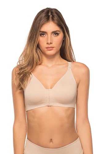 Annette Post Surgery Racerback Bra for Women – Front Closure, Seamless, Longline, Compression and Wireless Brassiere – Gym and Sports Bra for Women – Beige, 34D