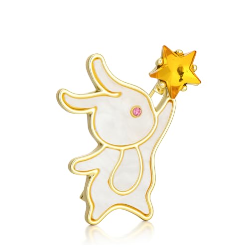 Soumimi Bunny Brooch Pin White Shell Rabbit Brooches with Yellow Crystal Star Cute Animal Pins Birthday Christmas Gift for Women