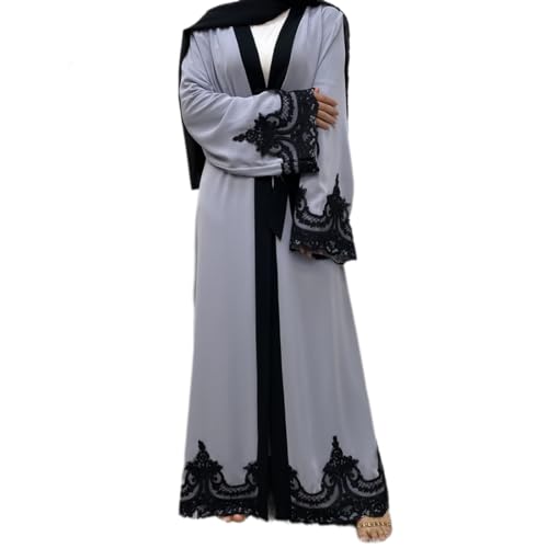 AFAVOM Turkey Abaya for Women Islamic Muslim Prayer Dress Long Sleeve Embroidered Open Front Cardigan Kaftan Ankle Length Dubai Robe Maxi Dress Casual Turkish Modest Dress with Belt Gray M