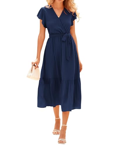 BTFBM Women Summer Bohemian Floral Casual Wrap V Neck Ruffle Cap Sleeveless Belt A-Line Pleated Hem Midi Sun Dress(Solid Navy,X-Large)