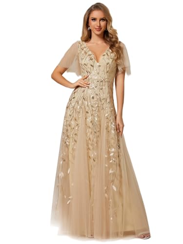 Ever-Pretty Women's Sequin Sparkly V-Neck Short Sleeve Maxi Evening Dress Gold US12