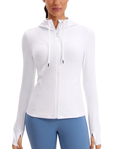 CRZ YOGA Butterluxe Womens Hooded Workout Jacket Athletic Running Zip Up with Back Mesh Vent and Thumb Holes White Medium